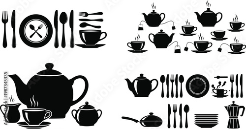Flat vector illustration, kitchenware silhouettes, teapot coffee pot moka pot cup saucer sugar bowl milk jug frying pan plate cutlery 