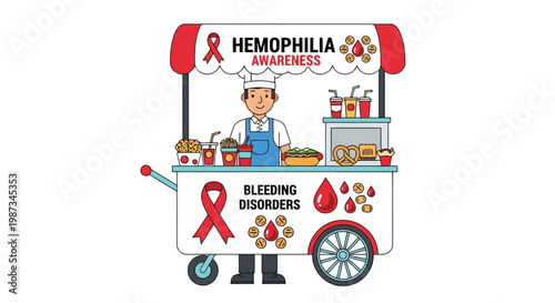 Food stall operator promoting hemophilia awareness with red ribbons and drops isolated on white background