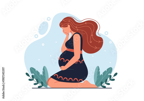 Sad Pregnant Woman Kneeling in Distress Illustration - Concept of Prenatal Depression, Maternal Mental Health, and Pregnancy Exhaustion