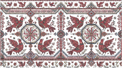 Ethnic red ornamental border hand drawn grid fabric design pixel art cross stitch vector