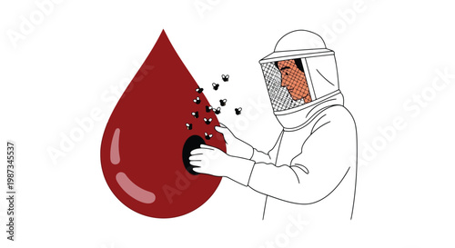 Beekeeper examining a giant blood drop with flying insects isolated on white background