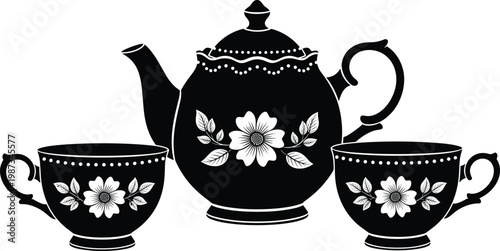 Flat vector illustration, kitchenware silhouettes, teapot coffee pot moka pot cup saucer sugar bowl milk jug frying pan plate cutlery utensil artwork