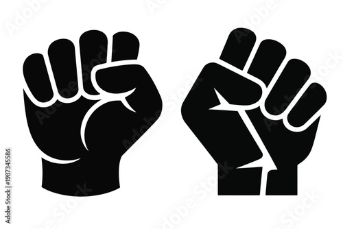 Power fist icon set with black silhouette of raised hands for protest or solidarity movement on transparent background