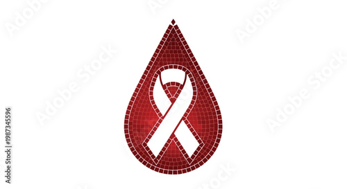 Red blood drop mosaic with integrated white awareness ribbon isolated on white background
