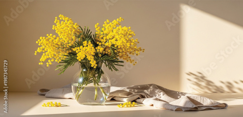 Yellow Mimosa Flowers in Glass Vase with Sunlight and Minimalist Interior Background