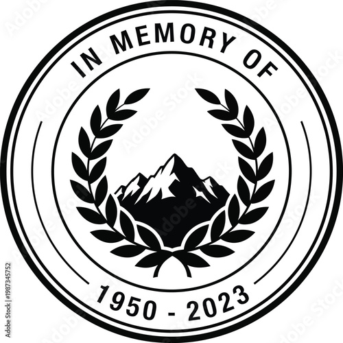 A memorial logo with a mountain and laurel wreath in memory of someone