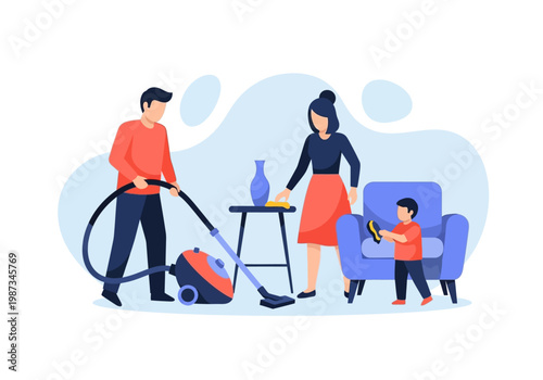 Family Cleaning House Together Vector Illustration with Father Vacuuming, Mother Dusting, and Child Helping for Domestic Life and Teamwork Concept