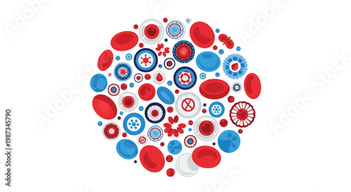 Circle of red and blue blood cells and abstract shapes isolated on white background