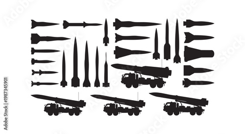 Military missile and rocket silhouette collection featuring ballistic weapons tactical launchers and army vehicle transport.