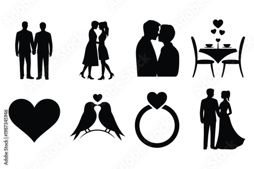 Romantic couple silhouettes and wedding symbols for valentines day cards and love themed graphic design projects collection