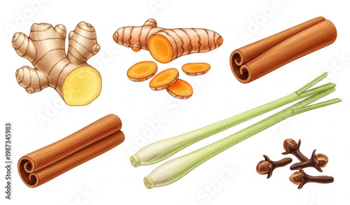 Watercolor spices and herbs vector set ginger turmeric cinnamon lemongrass cloves natural illustration
