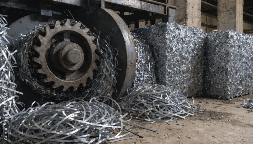 Obraz premium Closeup medium shot of steel trim scrap being gathered and compressed into briquettes showcasing heavyduty recycling equipment and sustainable metal reuse.