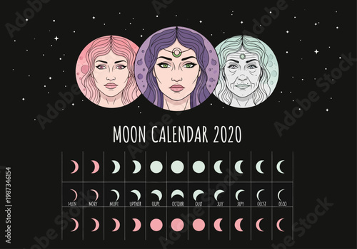 2020 Lunar Moon Calendar with Triple Goddess Maiden Mother Crone and Moon Phases Celestial Astrology Vector Illustration