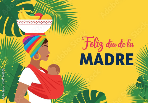Feliz Dia de la Madre Greeting Card with African Mother Carrying Baby and Fruit Bowl on Tropical Background