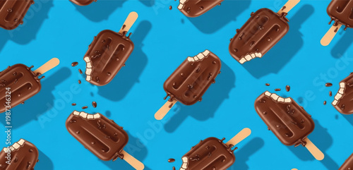 Chocolate Ice Cream Popsicle Seamless Pattern on Blue Background with Sweet Frozen Dessert Summer Design