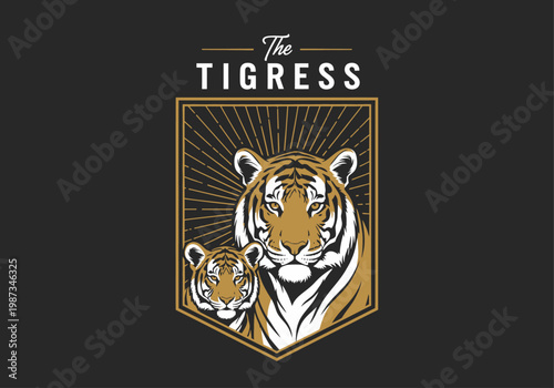 Vintage Tigress and Cub Crest Logo, Retro Mother Tiger with Baby Illustration, Majestic Wildlife Emblem for Branding and Apparel Design