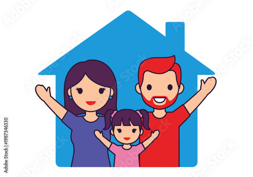 Happy Family in Front of Blue House Silhouette Vector Illustration - Concept for Real Estate, Mortgage, Home Insurance, and Moving Day