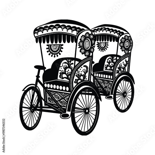 Two ornately decorated rickshaws in a traditional painting style, symbolizing cultural transport and art.
