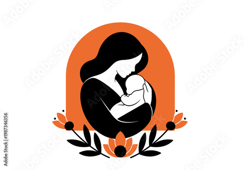 Minimalist Illustration of a Mother Cradling a Newborn Baby with Floral Accents, Symbolic of Motherhood and Unconditional Love