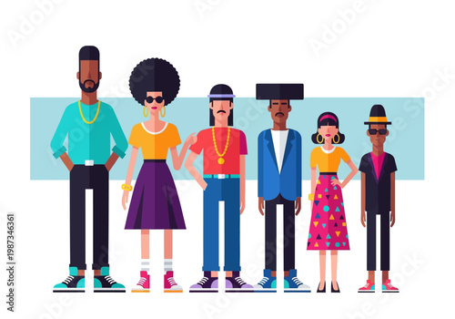 Diverse People in 80s and 90s Retro Hip Hop Fashion Flat Vector Illustration