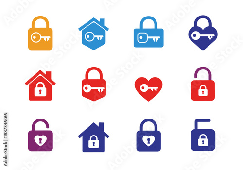 Set of Colorful Security Icons Featuring Padlocks, Keys, Houses, and Hearts for Home and Personal Protection Concept
