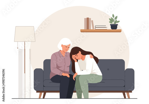 Elderly Mother Comforting Sad Adult Daughter on Sofa, Family Support, Mental Health, and Empathy Concept Illustration