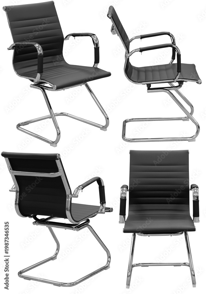 Obraz premium Modern office visitor chair photographed in studio and isolated on transparent background. Comfortable upholstered chair with metal frame and armrests, suitable for conference rooms, meeting