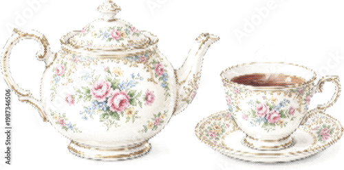 Tea set pattern chart grid home decor pixel art cross stitch vector for kitchen