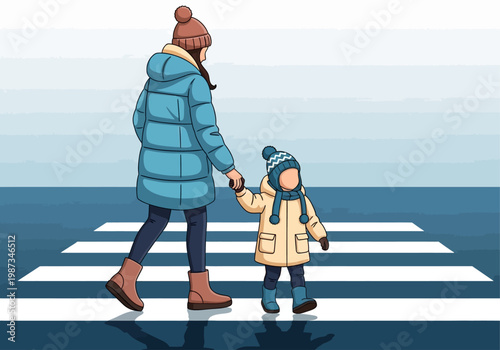 Mother and Child Crossing the Street on a Zebra Crosswalk in Winter Clothes Illustration - Road Safety and Parenting Concept