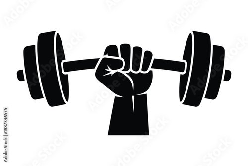 Strong hand holding heavy barbell up for weightlifting and powerlifting victory symbol in black silhouette vector art