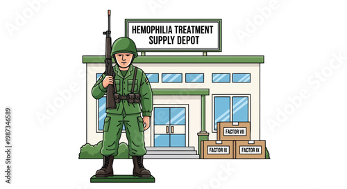 Soldier guarding hemophilia treatment supply depot illustration isolated on white background