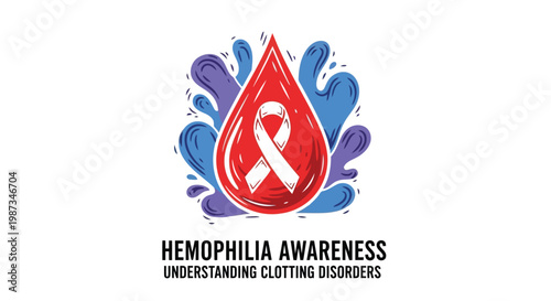 Hemophilia awareness graphic with red blood drop and ribbon isolated on white background
