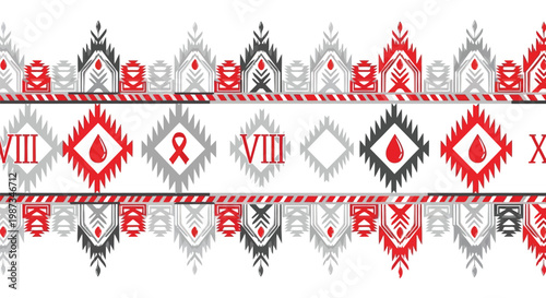 Seamless hemophilia awareness pattern with tribal motifs isolated on white background