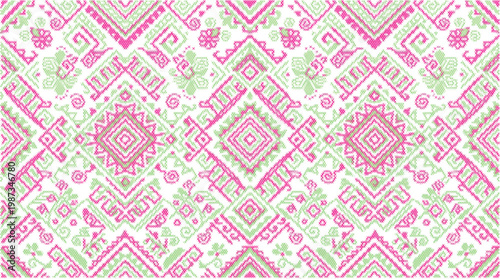 Green mosaic grid pattern chart fabric design pixel art cross stitch vector pink ethnic