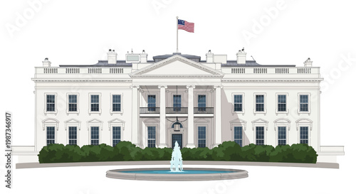 Vector illustration of the White House facade featuring the iconic columns, manicured hedges, and a central fountain, depicted in a clean, minimalist style against a bright white