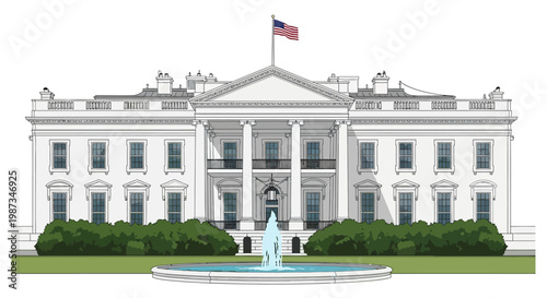 Vector illustration of the White House on a white background, showing its iconic facade with columns, windows, and the American flag, rendered in a flat, graphic style with clean lines