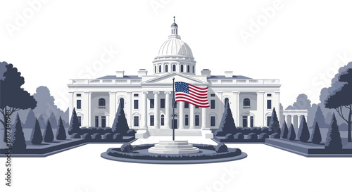 A flat vector illustration depicts the United States Capitol Building and the American flag waving in front, set against a clean white background with a patriotic mood, showing national