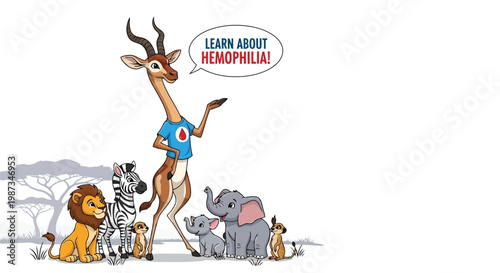 African animals learn about hemophilia from giraffe speaker isolated on white background