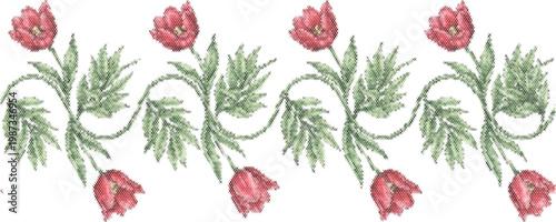 Flower tulip border hand drawn grid fabric design cross stitch pixel art wall decor