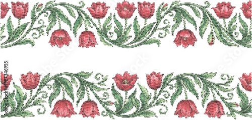Tulip red border printable vector pattern wall decor pixel art cross stitch grid vector