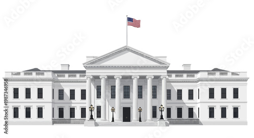 Vector illustration of the White House, a neoclassical landmark with an American flag waving atop, rendered in a simple, flat design against a clean white backdrop for neutral presentation
