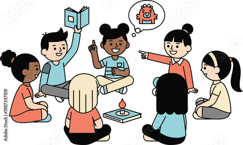 Children Reading and Imagining Stories Together, Diverse Group, Learning, Creativity