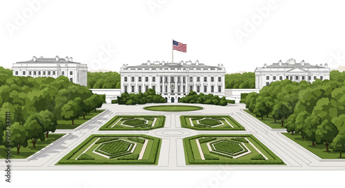 Detailed vector illustration featuring the White House and its manicured grounds with the American flag waving, presented in a clean, minimalist style against a stark white background