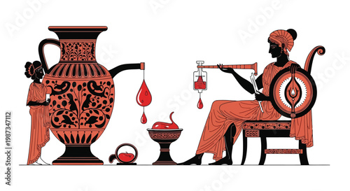 Ancient Greek vase painting depicting bloodletting ritual isolated on white background