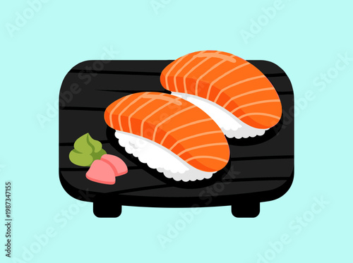 Fresh Salmon Nigiri Sushi on Black Wooden Tray with Wasabi and Ginger, Traditional Japanese Seafood Cuisine, Healthy Delicious Asian Food Vector