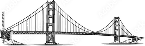 Golden Gate Bridge Hand Drawn Line Art Sketch Illustration, San Francisco Landmark Outline Drawing, Minimalist Architectural Ink Artwork, Vintage Style Travel Poster Design, Detailed Suspension Bridge