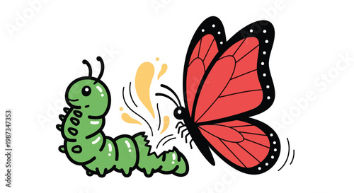Cute cartoon caterpillar transforms into vibrant red butterfly isolated on white background