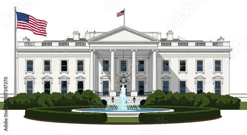 Vector illustration showcasing the White House with the American flag waving on top, complemented by a water fountain and green bushes, set against a clean white background for clarity