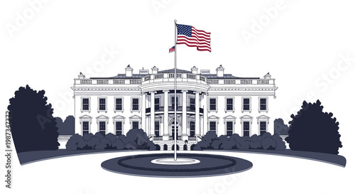 Vector illustration of the White House with an American flag waving in the wind, rendered in a minimalist design with a clean white background and navy blue accents, creating a patriotic
