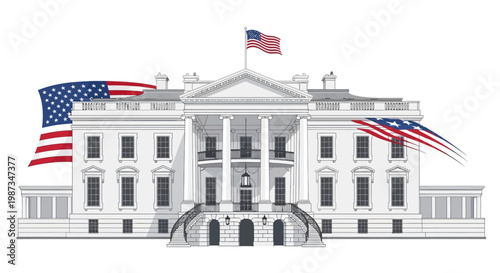Detailed vector design of the White House presented in a clean, minimalist style, flanked by waving American flags on both sides, set against a crisp white background, conveying a patriotic